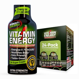 Vitamin Energy Workout + Extra Strength Energy Shot Sour Apple 24 Pack, 260mg Natural Caffeine, Pre-Workout, B-Vitaminer, Minerals, Endurance & Performance, Zero Sugar, Gluten-Free, Vegan, 1,93 fl oz