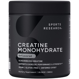 Sports Research Creatine Monohydrate - Få Lean Muscle, förbättra prestanda och styrka och stöd Workout Recovery - 5 g Micronized Creatine - 10,58 oz
