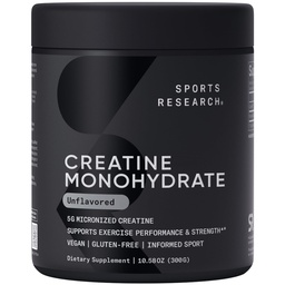 Sports Research Creatine Monohydrate - Få Lean Muscle, förbättra prestanda och styrka och stöd Workout Recovery - 5 g Micronized Creatine - 10,58 oz