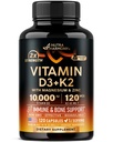 Vitamin D3 K2 - Vitamin D3 10000 iu & K2 as MK-7 120 mcg - Immune & Mood Support, for Bone & Teeth Health - with Magnesium, Zinc & Vitamin C & B12 - Highly Bioavailable - Made in USA, 120 Capsules