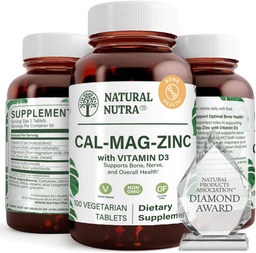 Natural Nutra Calcium Magnesium Zink (Cal-Mag Zink) Tillägg med vitamin D3 för benstyrka, hjälper till att förbättra matsmältningen, fri och sockerfri, väsentlig mineralkomplex (100 greve)