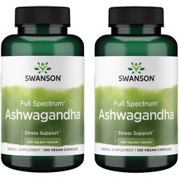 Swanson Ashwagandha Powder Supplement - med Ashwagandha Root för att främja stressavlastning och energi - Ayurvedic Supplement for Natural Wellness (100 kapslar, 450mg vardera) 2 Pack