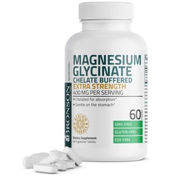 Bronson Magnesium Glycinate 400mg Extra Strength, Vegetarian, lurad för Absorption Gentle på magen, icke-GMO, 60 tabletter