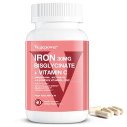 Järntillskott för kvinnor män, Vegan Iron Bisglycinate 30mg Plus Vitamin C, B12, Folsyra - Järnpiller för Anemi, Hälsoblod & Energistöd - Gentle, Hög Absorption, Non-GMO - 90 kapslar