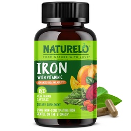 NATURELO Vegan Iron Supplement med vitamin C och organiska Whole Foods - Gentle Iron Pills för kvinnor och män med järnbrist inklusive graviditet, anemi och vegan dieter - 180 Mini kapslar