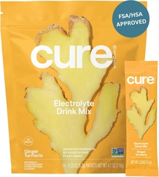 Cure Hydration | Plant-Based Electrolyte Drink Mix | No Added Sugar | FSA-HSA | Dehydration Relief Powder Made with Coconut Water | Non-GMO | Vegan | Påse av 14 Packets - Ginger Turmeric