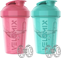 VELOMIX -2 Pack- 20 oz Protein Shaker Bottles för proteinblandningar - 2x Wire Whisk | Läcka Proof Shaker Cups för Protein Shakes och Pre Workout | Protein Shaker Bottle Pack (Pink / Turkos)