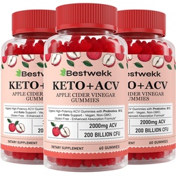 Apple Cider Vinegar Gummies, Max Strength 2000mg ACV Gummy med Probiotics, B12 och Keto Support, För Digestion, Metabolism, Detox, Gut & Immune Health, Gelatin-Free, Non-GMO, 180 keto acv gummies