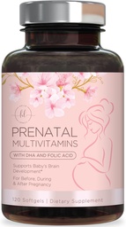 Prenatal Vitamins för kvinnor med Folic Acid & DHA, Fetal Brain Development Support med Folate & Omega 3, Multivitamin med vitamin A, C, D, B6, B12 & Iron, Graviditetstillägg - 120 Softgels