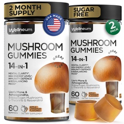 Mushroom Gummies 5000 Mg 120 Pcs (2 Pack) - Lion's Mane och 9 Adaptogenic Mushrooms Blend - Ashwagandha, L-Theanine - Mushroom Gummies för energi, immunitet, fokus, hjärnboost - No Sugar och GMO