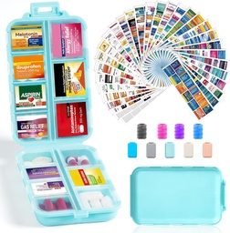 14 Grids Travel Pill Organizer Box med 415-Pcs Medicine Name Labels - Pocket Daily Pharmacy Case Container Kit - Travel Medication Holder Dispenser för Fish Oil Vitamin Supplement Storage - Sky Blue