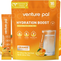 Venture Pal Sugar Free Electrolyte Powder Packets - Liquid Daily IV Drink Mix för snabb Hydration & Party Recovery | 5 Vitaminer & 7 Electrolytes | Keto Friendly | Non-GMO | Certified Vegan | 16 Sticks