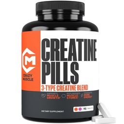 Crazy Muscle Creatine Pills, 5g 3X Pure Creatine Monohydrate, Pre Workout Bulk Muscle Mass Gainer, High Absorption Easy to Take ThreeAtine 3 Type Optimum Performance för Lean Growth, 90 tabletter