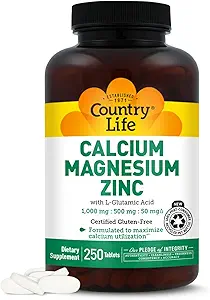 Country Life Calcium Magnesium Zink med L-Glutamic Acid, Kosttillskott för benstöd, Certified Gluten Free, 1000mg/500mg/50mg, 250 tabletter