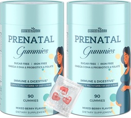 Prenatal Gummies Sugar Free 180 greve - Organics Prenatal Vitamins för kvinnor med folat, DHA & Probiotika - Järnfri prenatal vitamin Gummies för immun & Digestive - 2 flaskor