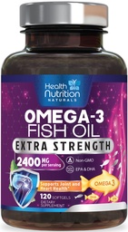 Omega 3 Fiskolja 2400 mg - Triple Strength Omega3, EPA & DHA Fatty Acids Supplement - Naturligt stöd för immun, hjärt- och hjärnhälsa - Vildfångad, icke-GMO, Lemon Flavor, Burpless - 120 Softgels