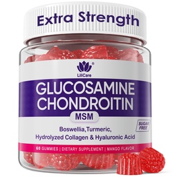 Glukosamin Chondroitin Gummies, Sugar Free Glucosamine Chondroitin MSM Supplement, Extra Styrka med Boswellia Turmeric, Hydrolyzed Collagen & Hyaluronic Acid, Bone Health för Män & Kvinnor, 60 Cts