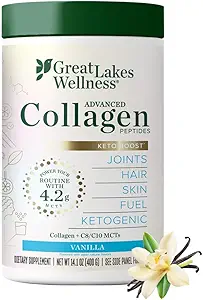 Great Lakes Wellness Keto Boost Advanced Collagen Peptides Powder med 4,2g MCTs - Vanilla smaksatt - näringsrikt Non-Dairy Coffee Creamer eller Smoothie Alt - Non-GMO, Kosher - 14,1 oz