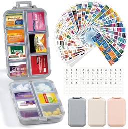 3 Pack 14 Grids Travel Pill Organizer Box med 415-Pcs Medicine Name Labels - Pocket Daily Pharmacy Case Container Kit - Travel Medication Holder Dispenser för Fish Oil Vitamin Supplement Storage