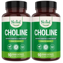 Nested Naturals Choline Bitartrate 500mg - Hög Potens Kolin Kosttillskott - Stöder Maternal & Fetal Hälsa Under Graviditet * - 100% Vegan & Non-GMO - 2-Pack (180 Vegan kapslar)