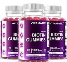 Vitamatic Biotin Gummies 10 000 mcg för starkare hår, hud och naglar - 60 Vegan Gummies - Kallas också vitamin B7 (3 flaskor)