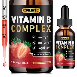 CFILIHTC Vitamin B Complex Liquid Drops, B Vitamins Complex Supplement with B1, B2, B3, B5 B6, B7, B9 & Methyl B12 Drops for Adults & Kids, Vegan, Strawberry Flavor