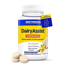 Enzymedica DairyAssist Chewable, 2-i-1 Digestive Enzymes for Dairy, Lactose och Casein Digestion, Fast-Acting Formula for Gas and Bloating Relief, 60 Chewable Tablets