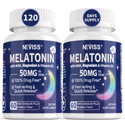NEVISS Melatonin 50 mg för vuxna - Extra styrka 9-i-1 Snabbupplös sublingual - Hög dos med Magnesium Glycinate, vitamin D3, Ashwagandha, Lemon Balm, Chamomile, Sugar Free, Vegan 120 tabletter