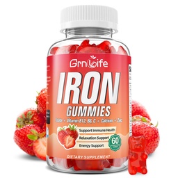 Järngummies för kvinnor, män och barn, sockerfri järntillskott med kalcium, Zink, folat och vitamin B12, C, B6 - för blodbyggnad och energistöd, Anemi, jordgubbar, 60 greve