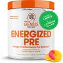 Genius Energized Pre Workout Powder - Koffein Infused Pre-Workout Booster Supplement med Beta Alanine & Alpha GPC, inga konstgjorda sötningsmedel eller färgämnen - 200mg koffein, 20 portioner, Sour Peach Rings
