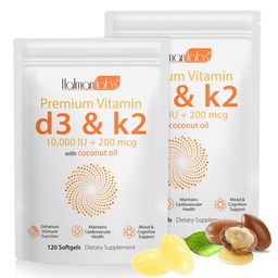 2 Bag Vitamin D3 K2 Supplement Softgel, vitamin D3 K2 Softgel med 10000 IE stöder immun, hjärta, tänder och benhälsa, fri från GMO, Gluten, Soy