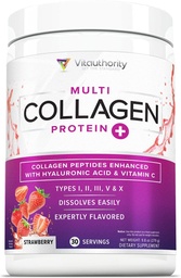 Multi Collagen Peptides Powder för kvinnor - Hydrolyserad smaksatt Collagen Pulver för kvinnor med typ I II III V & X Vitamin C & Hyaluronsyra för hårskinn och naglar (Strawberry) - 30 portioner