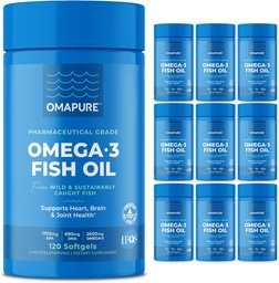 OMAPURE Wild fångade Omega-3-tillskott med hög EPA & DHA (10 flaskor, 120 Softgels) - Burpless Formel stöder hjärt- och gemensam hälsa, främjar hjärnfunktion