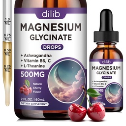 Magnesium Glycinate Liquid Drops 500mg, med vitamin B6, Ashwagandha, L - Theanine, Chamomile, Magnesium Glycinate Supplement High Absorption för sömn, stress, energi, humör - Cherry Flavor