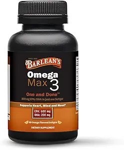 Barlean's Ideal Omega Max 3 Fish Oil Supplements, 1000 mg Softgels, EPA and DHA Fatty Acid Pills for Men and Women, Orange Flavor, 60 Count