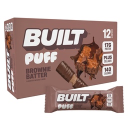 Byggd Bar, Puff Protein Bars, Brownie Batter Puff, 17g Protein Snacks, On-The-Go Bars, Endast 140 kalorier, 6g socker, Collagen, Gluten Free, 12 Count