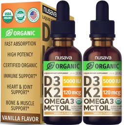 (2 Pack) Organisk vitamin D3 K2 droppar med MCT Oil Omega 3, 5000 IE - Maximal styrka vitamin D flytande, inga fillers, icke-GMO flytande D3 för snabbare absorption och immunstöd (Vanilla, 1 Fl OZ x 2)