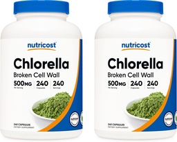 Nutricost Chlorella kapslar (2 flaskor) 500 mg, 240 kapslar per flaska