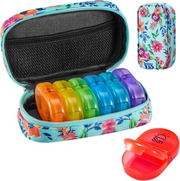 Serfeymi Weekly Travel Pill Organizer 2 gånger per dag AM PM Uppgraderad Rainbow Pill Box 7 Dag med Portable Zipper Canvas Pill Case, Medicine Organizer för piller, vitaminer, fiskoljor - Grön 01