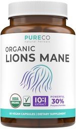 Organiska Lions Mane Supplement Capsules - USDA Organic Mushroom Supplement Capsules med 1000mg Lion's Mane 10:1 Extract per servering med 30% Polysaccharides - Vegan & Non-GMO (1 månads leverans)