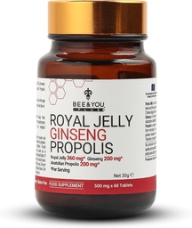 Bee och You Royal Jelly med Ginseng Tablet, Propolis Extract, 60ct, 100% Natural Superfood, Ultra Pure, Immune Support Supplement, Antioxidanter, Keto, Paleo, Gluten-Free