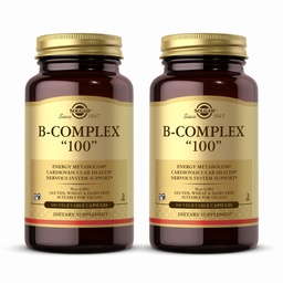 Solgar B-Complex 100" - 100 Vegetabiliska kapslar, paket med 2 - Energi Metabolism, Nervous System Support - Non-GMO, Vegan, Gluten Free - 200 Total Servings