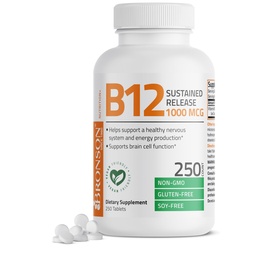 Bronson Vitamin B12 1000 mcg Sustained Release Premium Non GMO Tablets stöder nervsystemet, hälsosam hjärnfunktion och energiproduktion, 250 greve