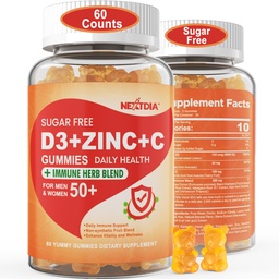 Sugar Free Vitamin C + D3 + Zink Gummies för vuxna 50 +, 9 i 1 immunförsvarstillägg med D3 5000IU, Elderberry, Echinacea, Mullein Leaf för Boost Immunity, Power Antioxidant, Vegan (Pack of 1)