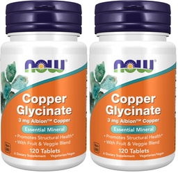 NOW Supplements, Copper Glycinate med 3mg Albion Copper, främjar strukturell hälsa *, 120 tabletter, Light Gray, Tan (Pack of 2)