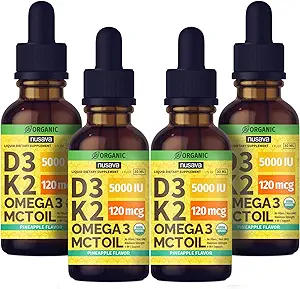 (4 Pack) Organisk vitamin D3 K2 droppar med MCT Oil Omega 3, Maximal styrka vitamin D flytande 5000 IE, inga fillers, icke-GMO flytande D3 för snabbare absorption och immunstöd (Pineapple, 4 Fl Oz)