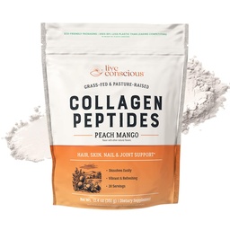 Live Conscious Collagen Peptides Powder - Peach Mango Flavored Collagen Powder - Hair, Skin, Nail och Joint Support - Typ I & III Grass-Fed Collagen Supplements for Women and Men - 30 Servings - 13oz