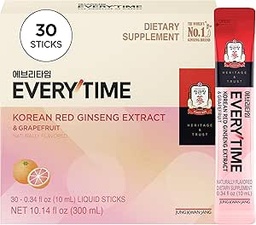 JUNG KWAN JANG Everytime Korean Red Ginseng Extract Stick 1000mg & Grapefrukt - Vegan Ginseng Root Energy Drink Liquid Stick Supplements - Bygger Stamina & Immunity, No Caffeine (30 Sticks)