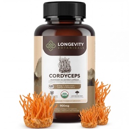 Organic Cordyceps Mushroom Capsules Supplement (120) | Pure Fruiting Body 10:1 High Strength Extract | 30% Beta-D Glucans | 9,000mg Raw Equivalent Per Serving | Energi, Stamina & Oxygen Support