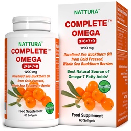 Nattura Complete Omega 3-6-7-9, Pure Sea Buckthorn Oil, europeisk kvalitet, från Unrefined, Cold Pressed Whole Sea Buckthorn Wild Berries - 1 200mg - 2 flaskor